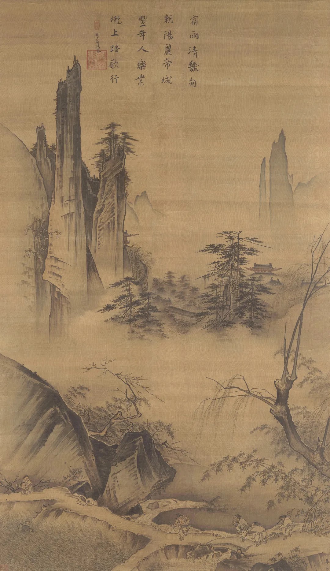 宋代马远踏歌图轴绢本清晰版