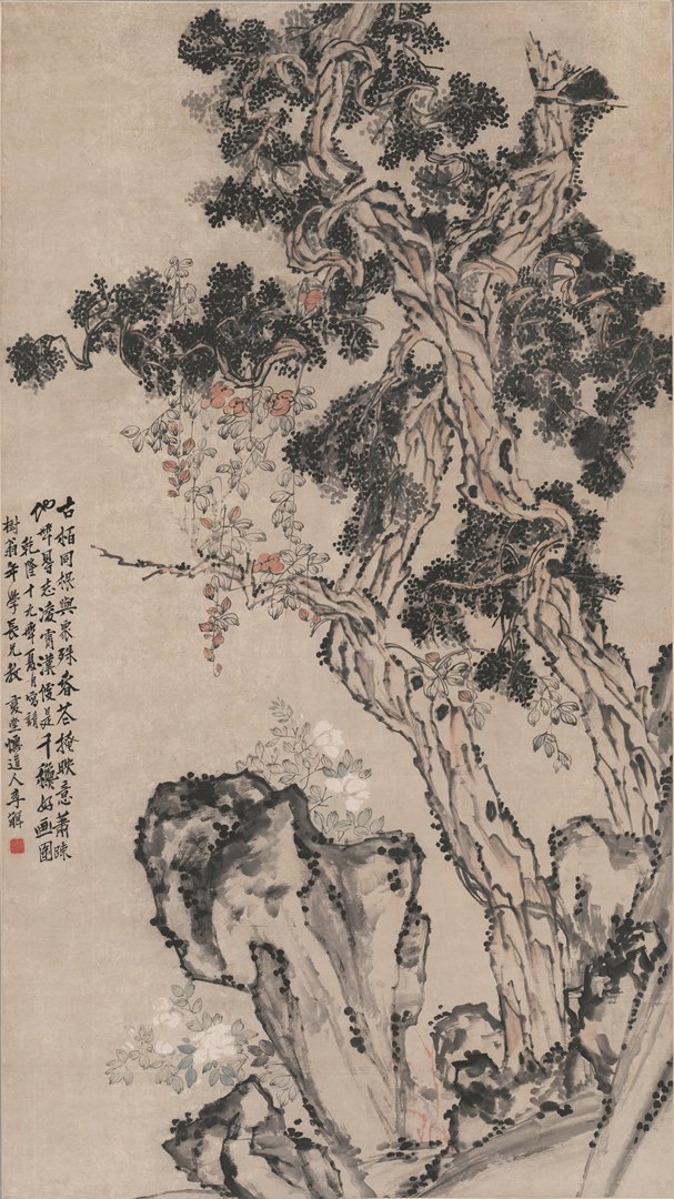 清代李鱓古柏凌霄图高清纸本