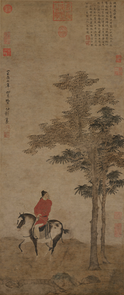 元赵雍挟弹游骑图超清纸本
