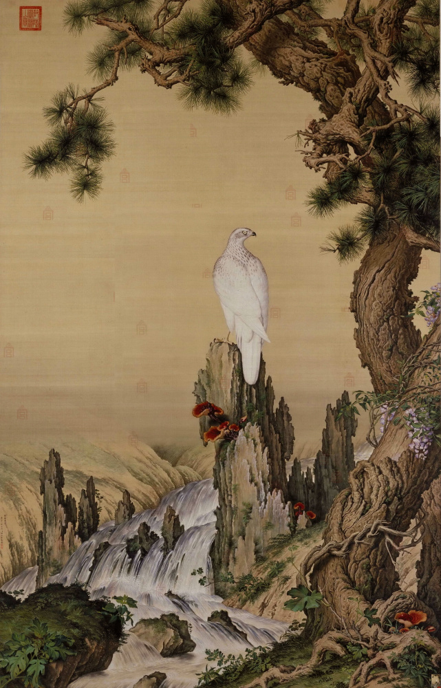 清郎世宁嵩献英芝图超清绢本