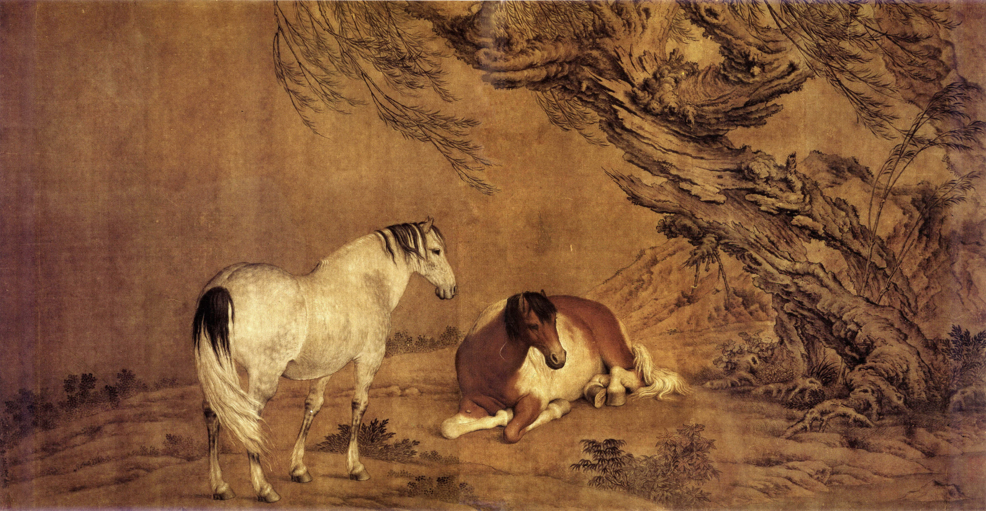 清郎世宁柳荫双骏图超清绢本