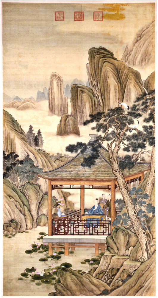 清郎世宁弘历观荷抚琴图超清绢本