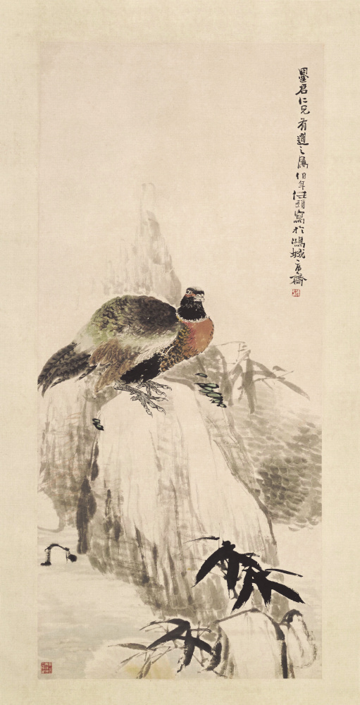 清任伯年月夜山鸡图超清绢本